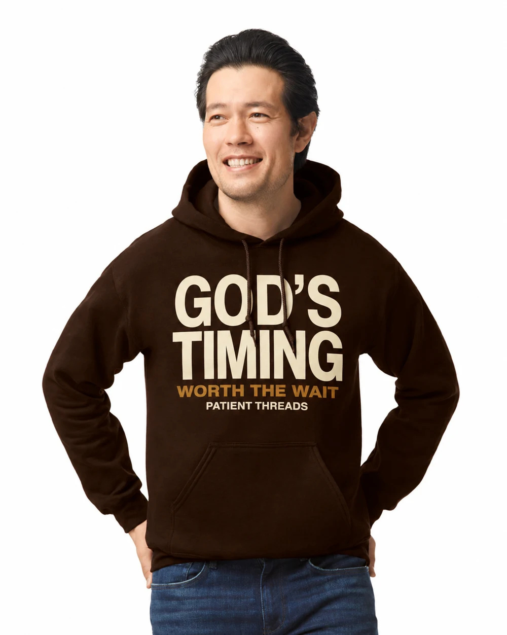 Brown hoodie with God’s Timing, Worth the Wait artwork