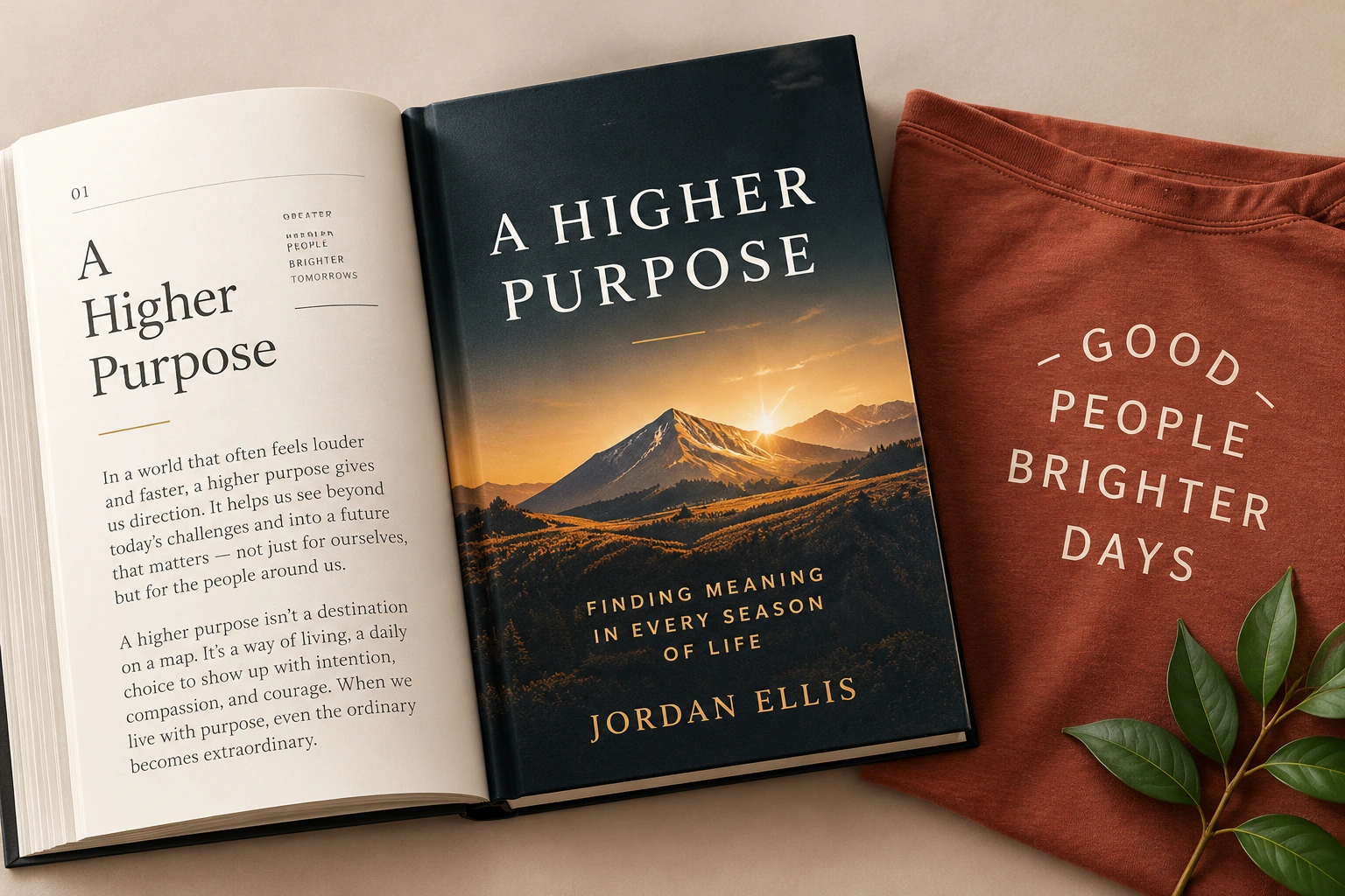 Illustrative open book with carefully arranged text and a dark mountain cover
