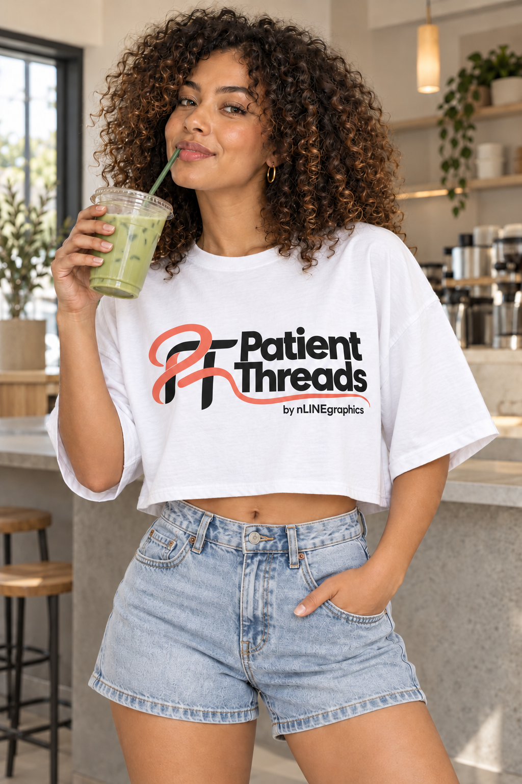 Woman wearing a white Patient Threads logo crop T-shirt in a café