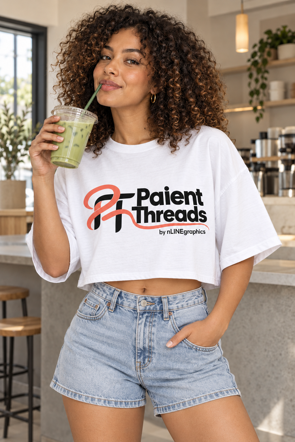 Model wearing a white cropped Patient Threads logo T-shirt with denim shorts in a café