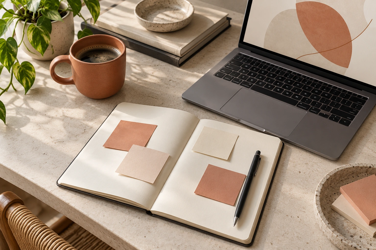 Illustrative creative planning desk with notebook, laptop, and terracotta cup