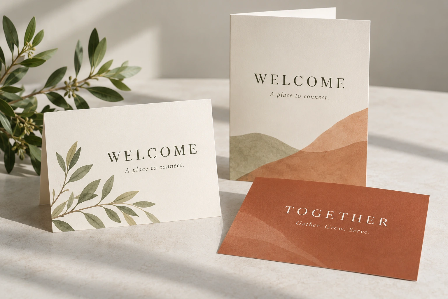 Illustrative coordinated ministry welcome cards and program in cream, sage, and terracotta